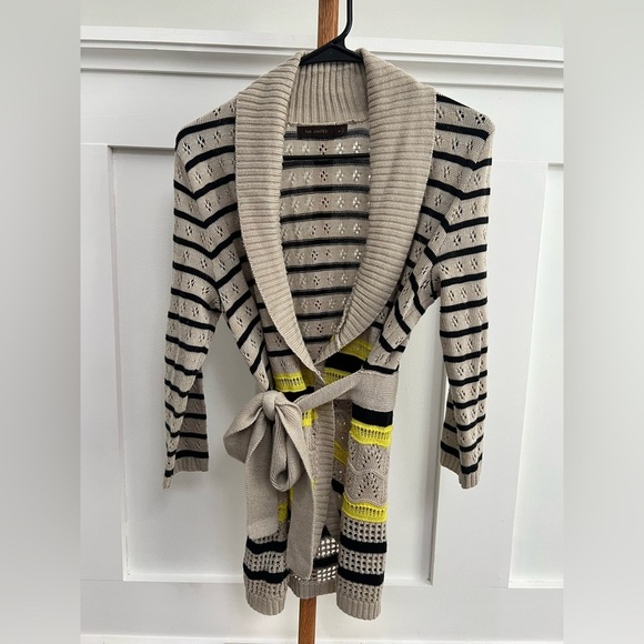 The Limited Cream Yellow Black Striped Open Front Belted Cardigan Sweater sz Med - Picture 1 of 9